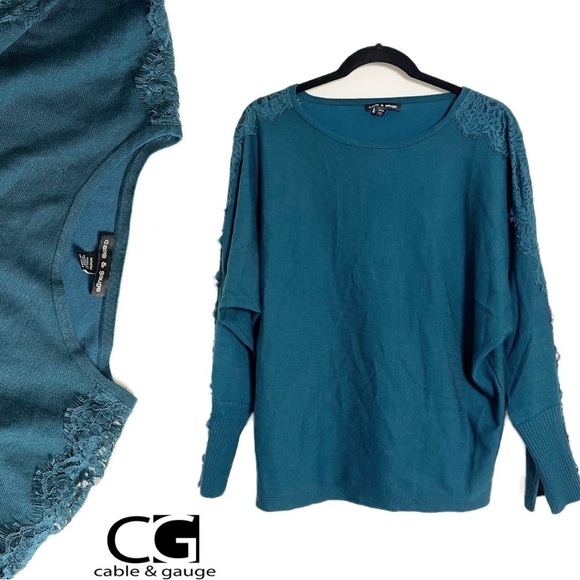 CABLE & GAUGE Women’s Teal Pullover Lace Sleeve Sweater - Medium - Picture 1 of 11